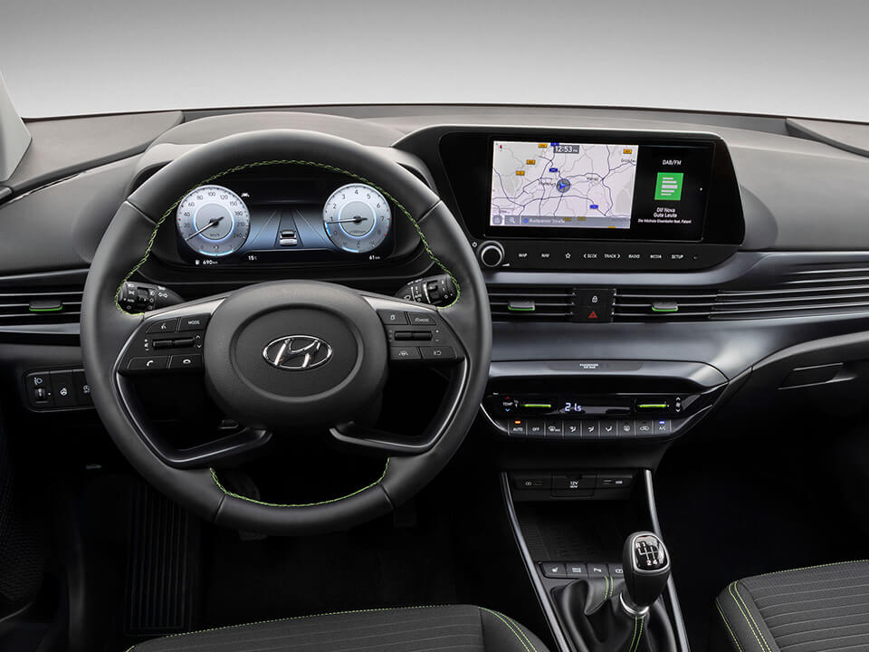The all-new i20 steering wheel, dashboard with 10.25" digital cluster and 10.25" touchscreen